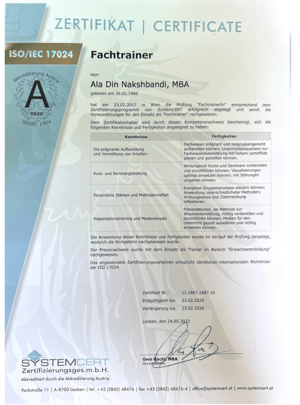 ISO/IEC 17024 Fachtrainer Certificate
